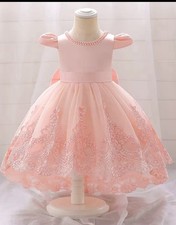 Girls Pink Lace Fit Flare Puff Short Sleeve Knee Dress Bow Princess Party