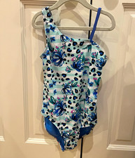 Wonder Nation Girls One Piece Swimsuit M (7-8) Blue/White Floral Pattern