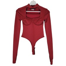 Reebok Cardi B Bodysuit Womens XS Red Ribbed Cutout Long Sleeve Underwire HG5007