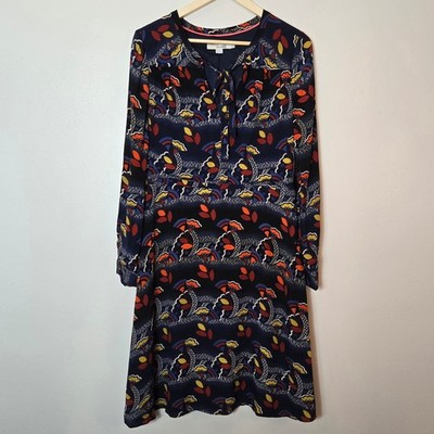 Boden Navy Blue Abstract Floral Tie Neck Long Sleeve Midi Dress WH926 Womens 8L
