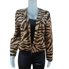 Chicos Zebra Print Jacket Sz 1 M 8-10 Gold Camel Black Short Zip Front