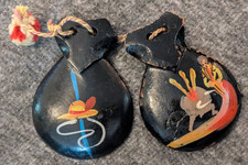 Wooden Castanet Hand Painted Carved Flamenco Dancers Clacker Matador Black Vtg