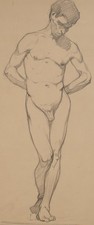 Johannes Hanse nudo maschile in piedi studio pezzo unico disegno matita 1880 circa