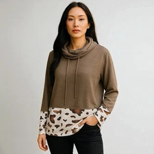 Misslook Brown w/ Animal Print Long Sleeve Drawstring Turtleneck Blouse Size L