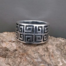 Sterling Silver Greek Key Ring Size 10 Double Row Thick Band Men's or Women's