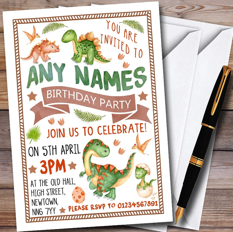 THECARDZOO Cute Dinosaur Watercolour Personalised Childrens Birthday Party Invitations