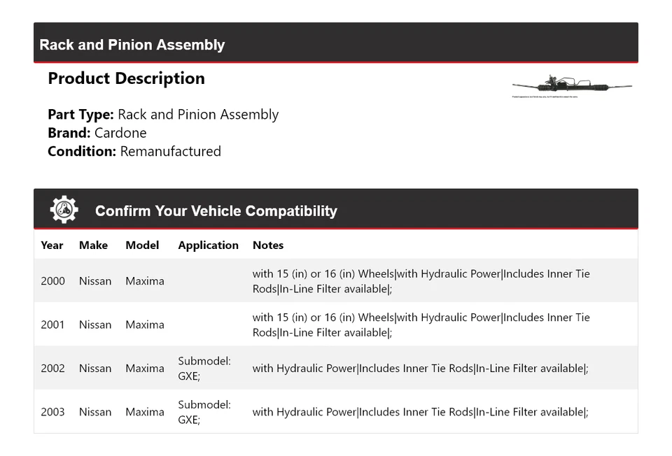 Montaje de piñón y cremallera para Nissan Máxima 2000-2003 Cardone 2001 2002 Foto 2 de 4