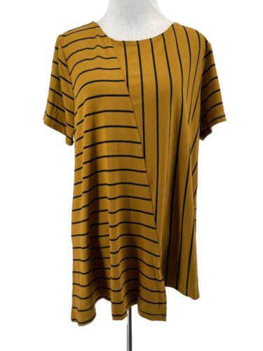 Lisa Bayne Damenbluse gold schwarz gestreift Kurzarm Größe Large