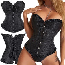 US Womens Overbust Corset Tops Bustier Steampunk Waist Trainer Cincher Christmas