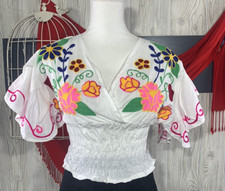 Mexican Woman's Cotton Blouse Multicolor Floral Embroidered White Color One Size