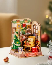 ROBOTIME Miniature Room Christmas Fireplace Doll House DIY Wooden Building Kit