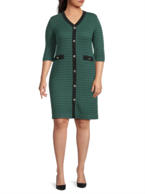 NWT Ming Wang V-Neck Knit Sheath in Forest Veridian Black Knit Dress XL