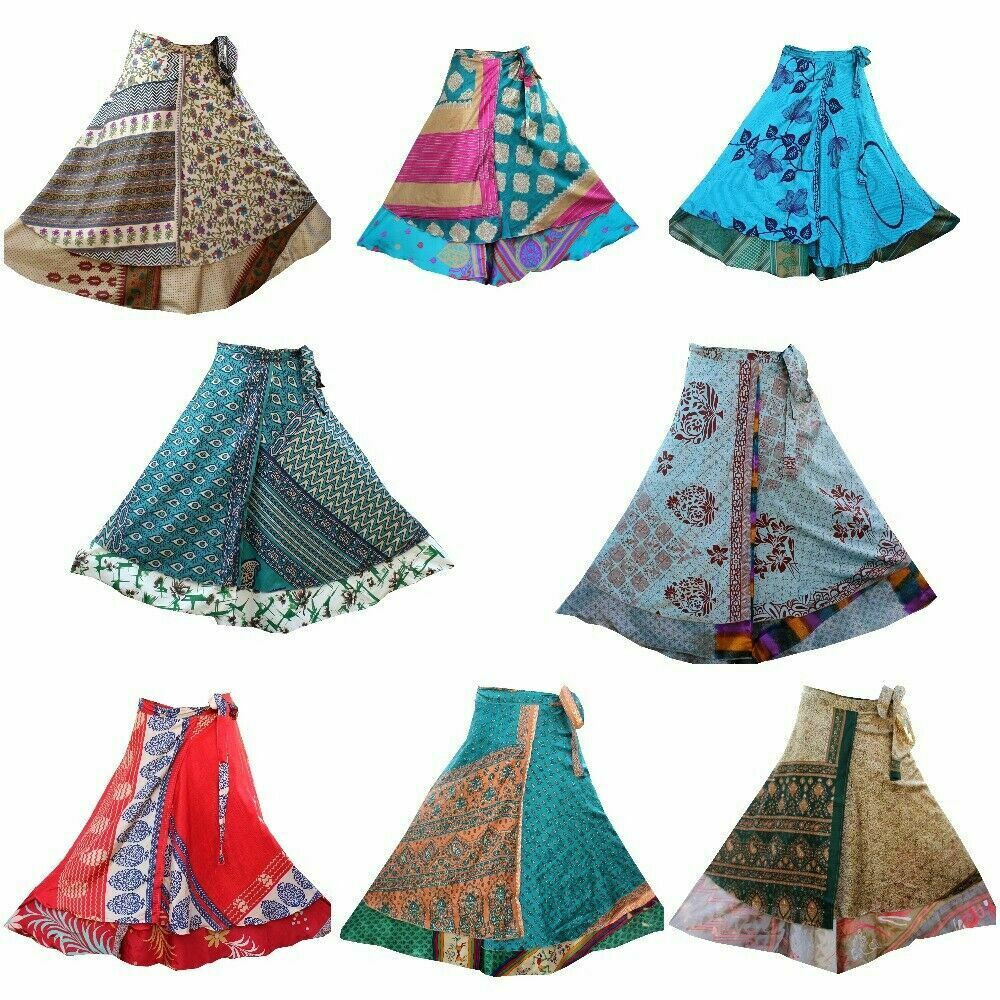Wholesale Lot Of 25 Recycled Silk Sari Wrap Skirts | Assorted Colors & Patterns | Adjustable Waist | 28" Length