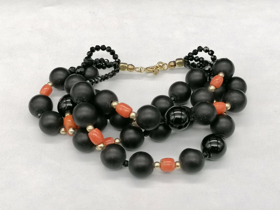 Pulsera Grande De Mujer Ónix Negro Coral Rojo Ágata Plata MADE IN ITALY - Imagen 2 de 4