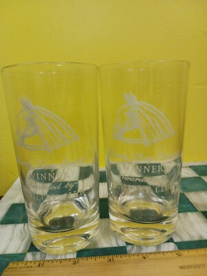 Vintage Kentucky Club Derby Day Contest Winner (2) Etched Drinking Glasses