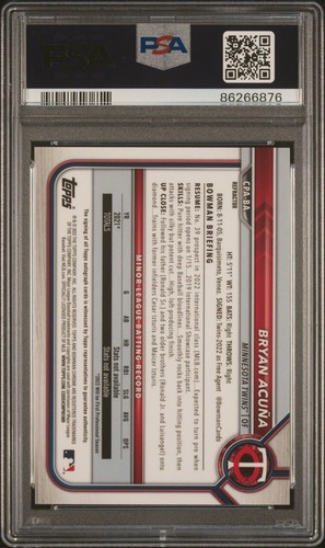BRYAN ACUNA 1st 2022 Bowman Chrome Rookie Refractor Auto #’d 026/499 PSA 9 MINT - Picture 2 of 3