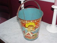 VINTAGE OHIO ART CO LITHO TIN-METAL SAND PAIL GIRL'S IN STRAWBERRY PATCH 5/102