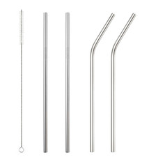 5pc Premium Stainless Steel Metal Silver Extra Long Reusable Straws & Brush Set
