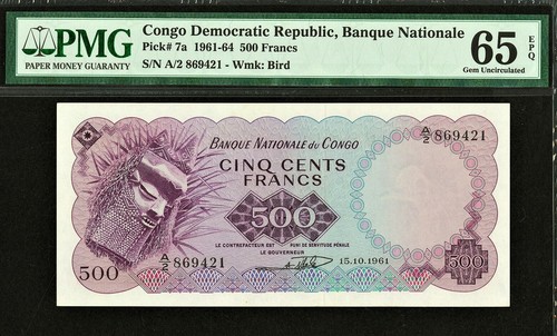 Congo Democratic Republic 500 Francs 1961 Pick-7a GEM UNC PMG 65 EPQ - Picture 1 of 2