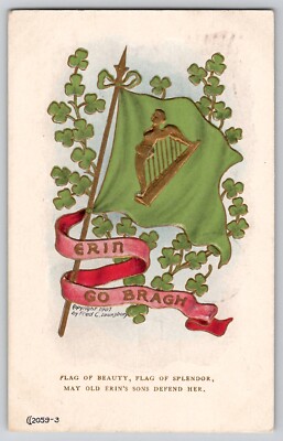 Erin Go Bragh Irish Ireland Flag Maiden Harp Postcard 1908 Fred C. Lounsbury