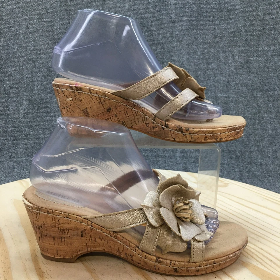 Merona Sandals Womens 8 Wedge Slides Brown Leather Casual Cork Flower Slip On - Image 2 of 4