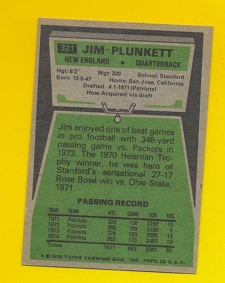 61035 1975 Topps 321 Jim Plunkett PATRIOTS EX/MT+ eBay