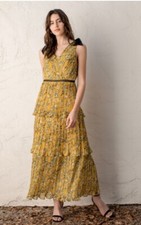 Lulus L Such Sophistication Yellow Floral Print Pleated Maxi Dress New!