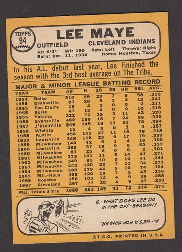 1968 TOPPS BASEBALL # 94 LEE MAYE EX INV A1522 - Afbeelding 2 van 2