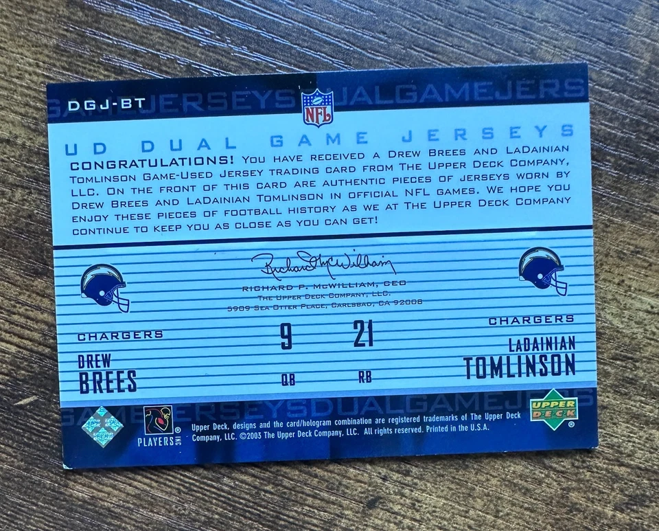 2003 Upper Deck Game Jerseys Duals #DGJBT Drew Brees/LaDainian Tomlinson - Image 2 of 2