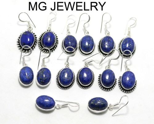 70 Pcs Natural Lapis Lazuli Gemstone Earrings Lot .925 Sterling Silver Plated - Zdjęcie 1 z 2