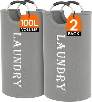 Lifewit 100L 2-Pack Large Laundry Basket, Collapsible 100L, Silver Gray 