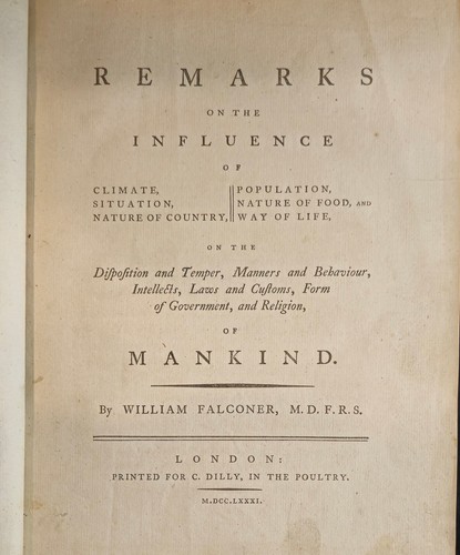 Falconer, William, REMARKS ON THE INFLUENCE OF CLIMATE, - 1781 1st ed. - Picture 2 of 12