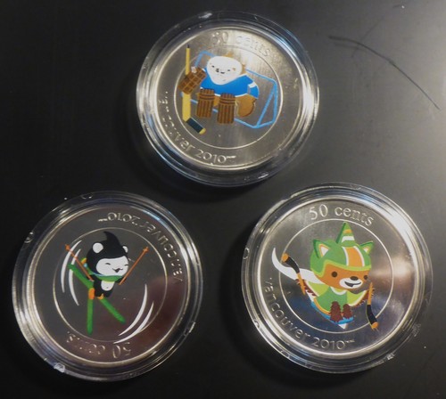 CANADA 2010 OLYMPIC COLORED 50 CENTS X 3 LOW MINTAGE FREE SHIP US & CANADA ONLY