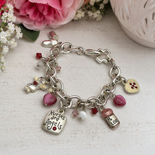 Pulsera Vintage AJMC Regalo Enfermera Dije Corazones Rosa Rx Amor 7 en Tono Plata
