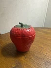 VTG Hazel Atlas Strawberry Jam Jar with Lid 1930s Era Milk Glass Painted Fruit