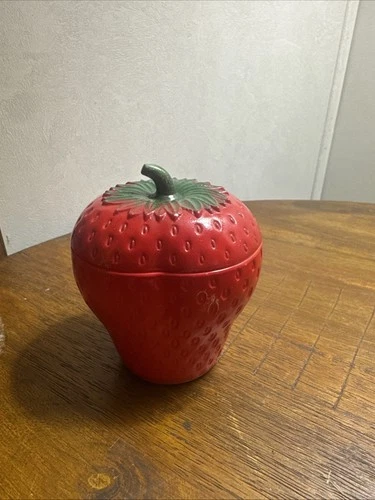 VTG Hazel Atlas Strawberry Jam Jar with Lid 1930s Era Milk Glass Painted Fruit