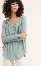 We The Free Must Have Teal Henley Waffle Knit Top Oversize Slouchy Size Medium