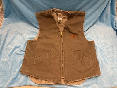 Vintage Carhartt Sherpa Lined Distressed Canvas Vest Men s Large Faded Grey 90s