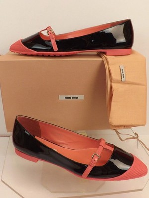 NIB MIU MIU PRADA 5F9566 BLACK PATENT LEATHER PINK TRIMMED BUCKLE FLATS 38