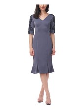 JS COLLECTION Womens Gray Lined Elbow Sleeve Below The Knee Sheath Dress 4