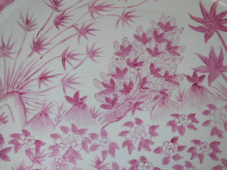 Cuenco grande redondo antiguo chino de porcelana pintado a mano de 19" - 19,25" Foto 4 de 4