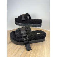 UGG Womens 7 Slippers Fluffita Black Sherpa Platform Slide Buckle 1113475 Cozy