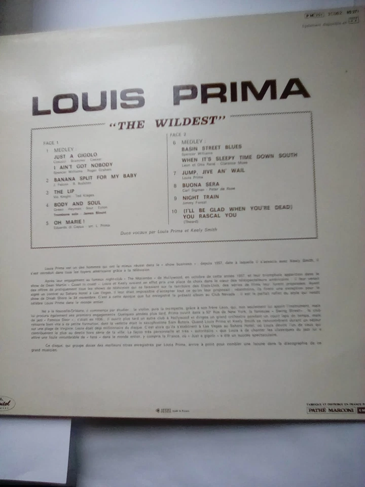 LOUIS PRIMA THE WILDEST Vinyl LP French pressing. 1981 - Image 2 of 4