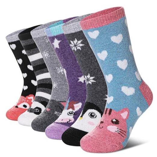  Kids Merino Wool Hiking Socks Toddlers Boys Girls 4-7 Years 6 Pairs Animal