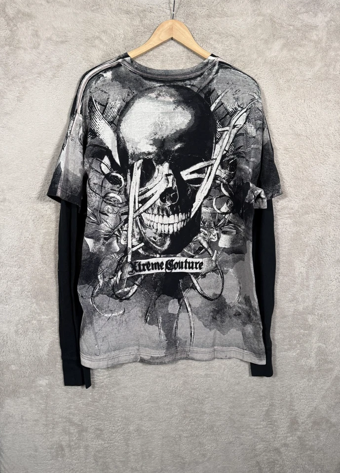 Camisa Xtreme Couture Para Hombre Extra Grande Negra Calavera Alas Gráfico Manga Larga Foto 4 de 4