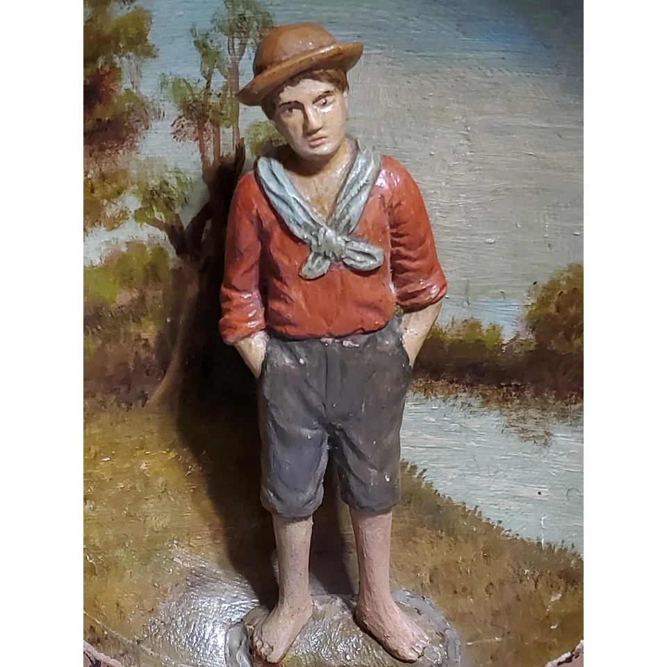 Антикварная расписная деревянная чаша 1900-х годов настенное искусство фигурка мальчика деревенский декор ручной работы - Изображение 3 из 4