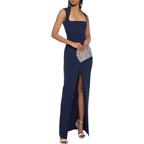 Solace London Sofia Stretch Crepe Front Slit Navy Maxi Dress Gown US 0