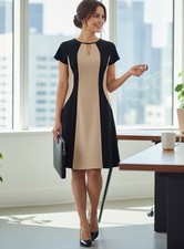 Illusion Midi Dress Black & Tan Cap Sleeve Full Zip Work Office Women’s Size 8