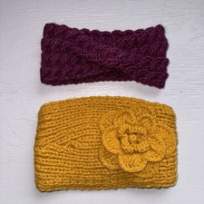 Winter Headband Ear Warmer Muff Crochet Knit Flower Braided Cable Purple Yellow