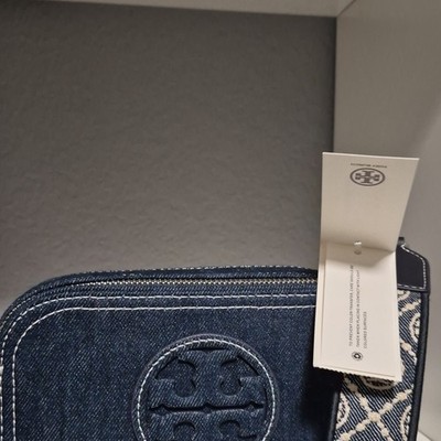 Tory Burch Small Blue Double Zip Crossbody Bag w/ Logo, Detachable Strap
